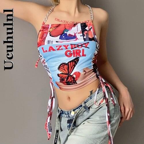 Ucuhulnl Summer Y2K Aesthetics Printing Sexy Crop Top Backless Chain Halter Tops Vintage Bandage Streetwear Tank Tops 2021