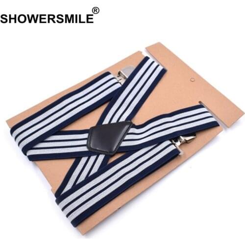 SHOWERSMILE Plus Size Suspenders MenS Braces Wide 5cm Navy Striped 125cm Big Strap Suspenders Man For Pants Finger 4 Clips