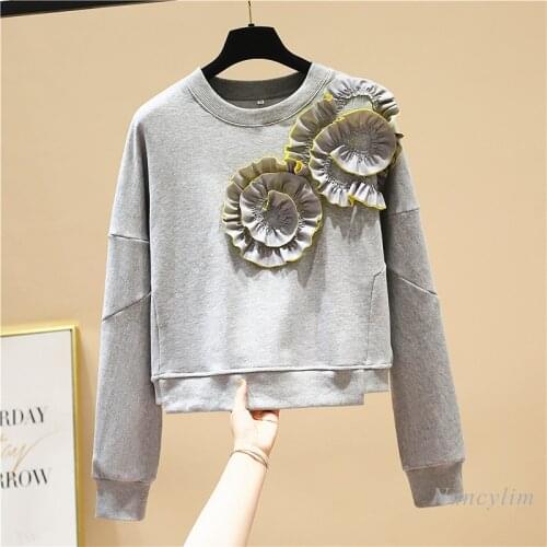 Grey Hoodies Women 2021 Spring New Three-Dimensional Flower Fashion Short Sweatshirt Girls Ladies All-Matching Short Pullovers