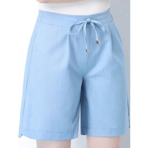 OUMENGKA summer 2020 blue casual women shorts high elastic waist solid ladies jeans shorts pocket blet loose shorts s-4xl