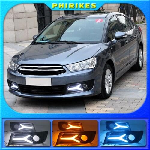 LED DRL daytime running light+Front fog light For Citroen C-Quatre 2012-2018 with Dynamic moving yellow turn signal