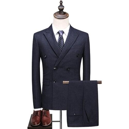 Dark Grey Striped Men Suit Classic Groom Wedding Suit 2 Pieces Set Formal Prom Dinner Blazer Tuxedo Slim Fit Jacket Vest Pants