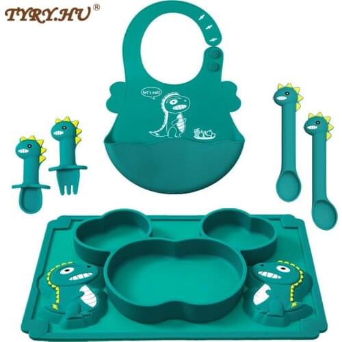 TYRY.HU Baby Dinner Plate Set Baby Feeding Plate Training Bowl Spoon Fork Dinosaur Cartoon Illustration Non-slip Dinner Plate