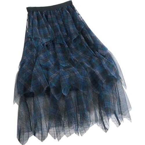 Gothic Irregular Plaid Patchwork Long Mesh Skirts Spring Summer High Waist Punk Midi Cake Skirts Women Black Blue Khaki Skirt