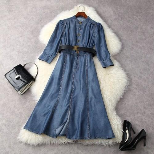 European and American womens clothing spring 2021 new Nine-quarter sleeve nice buttons Fashionable belted denim dress