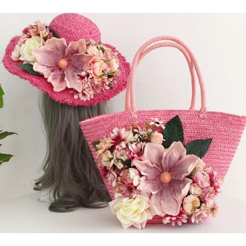 2021 Flower Straw Beach Bag High-end Customized Women Fashion Wave Rattan Handbag Summer Holiday Larger Capacity Tote Hat Suit