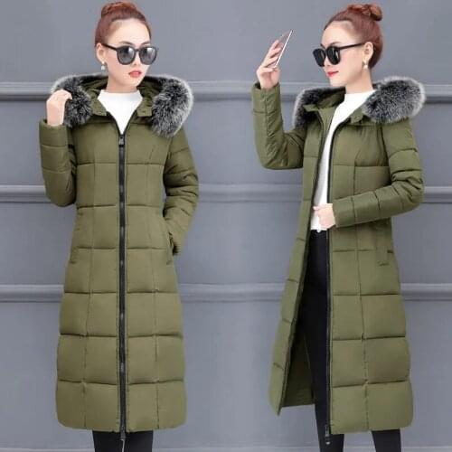 Womens Winter Clothing X-Long Warm Coat Fur Collar Hooded Padded Parkas Slim Elegant Office Lady Outdoor Cold Proof Overcoat