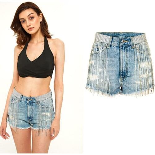 Summer new style European and American nightclub tassels show wide-legged high-waist diamond chain denim shorts women