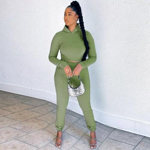 Simple Casualware Outfits Women Two Piece Pant Suit High Street Hooded Long Sleeve Pullover+stretchy Pants Biker Style Suits