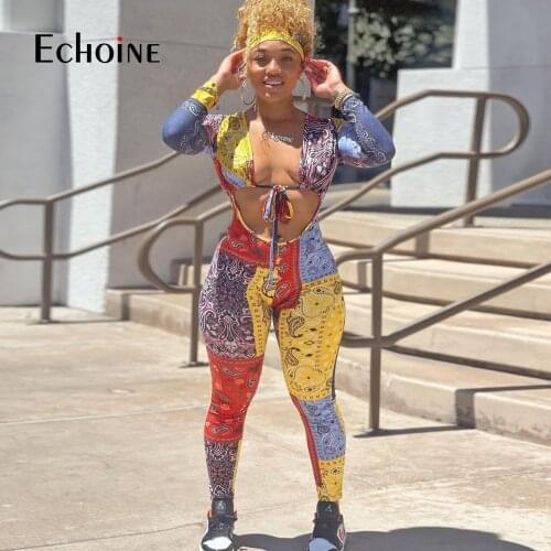 Echoine Women Sexy Print Hollow Long Sleeve Wrapped Chest Strappy Bodycon Jumpsuits With Long Pencil Pants Street Outfits Autumn