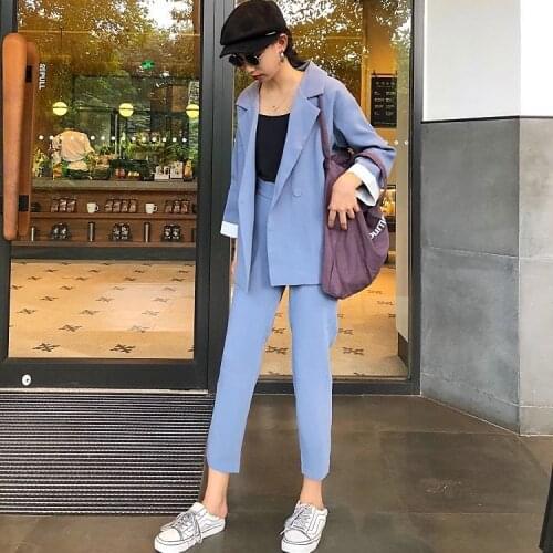 Korean fashion casual suit womens spring and autumn solid color blazer high waist casual pants two-piece suit