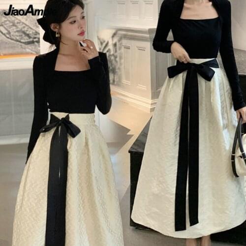 Womens Vintage Graceful Fall Clothes Fashion Big Bow-Knot Two Pieces Outfits Lady Square Collar Long Sleeve Tops+Skirts Suits