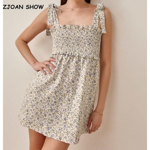 2021 Retro Elegant Elastic Body Tie Bow Spaghetti Strap Short Dress France Vintage Floral Print Women Summer Dress Holiday