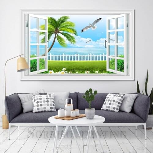 Sea Beach Palm Tree Scenery Imitation Window 3D Wall Design Art Canvas Painting Posters Pictures Prints Home Living Room Decor