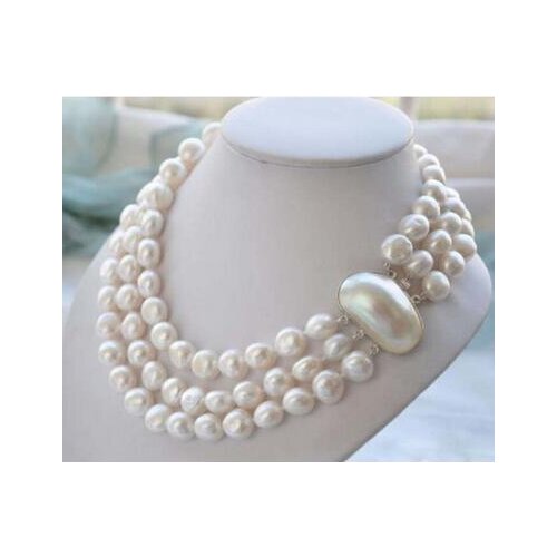 925 real genuine natural 8-9mm 3ROW BAROQUE WHITE FRESHWATER PEARL NECKLACE women jewelry design wholesalegirl Wedding