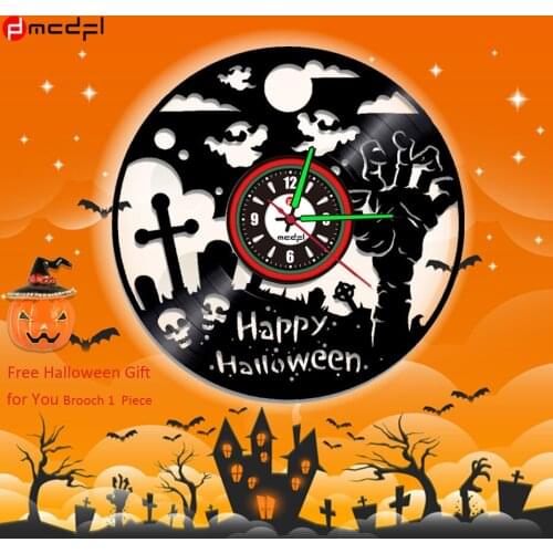 Halloween Party Accessories Skull Wall Sticker LED Halloween Vinyl Wall Clock Luminous Klok with Free Brooch Gift
