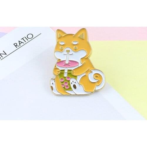 Lovely Metal Cartoon Dog Drinking Milk Tea Brooches For Women Girls Pendenties Creative Versatile Sweater Backpack Pins