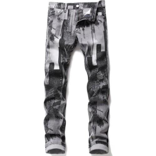 Mens jeans fashion slim stretch small straight pants popular logo individual print jeans European american fashion punk jeans