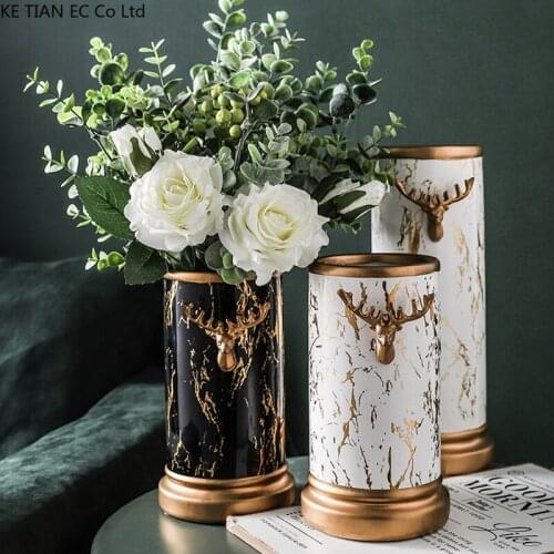 European-style Ceramic Gold Deer Head Vase Marble Gold Pattern Cylindrical Gold Rim Flower Arrangement Table Dried Flower Decor