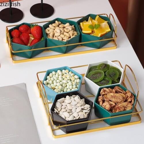 Creative Hexagonal Fruit Dessert Grid Bowl with Metal Frame Household Ceramic Dessert Candy Assortment Tea Table Room Decoration