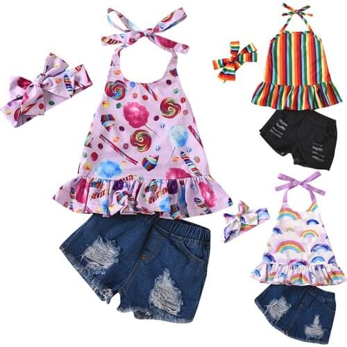 Girls Summer Clothing Set Kids Cute Sling Top Ripped Jeans Blue Denim Shorts Sports Casual Children Suit