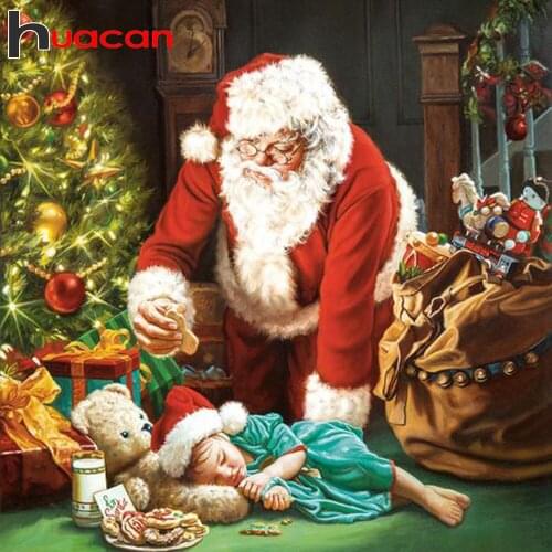Huacan 5D Diamond Art Painting Kits Santa Claus Girl Full Diamond Embroidery Cartoon Mosaic Beaded Pictures Christmas Decoration