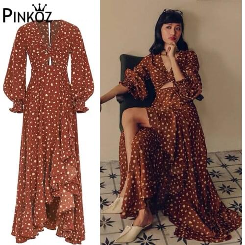 Pinkoz vintage red polka dot printed v-neck hollow out asymmetrical ruffles maxi dress women lady holiday party Female Clothing