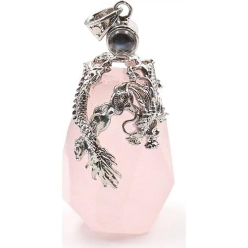Silver Plated Chinese Style Dragon Wrap Irregular Shape Natural Rose Pink Quartz Pendant Lemon Crystal Jewelry