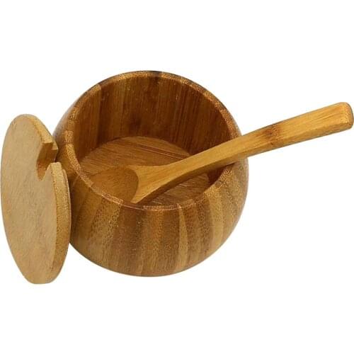 Handmade Bamboo Jar Kitchen Ingredients Seasoning Salt Spice Jar with Lid Spoon Holding seasoning, ingredients Kitchen tools