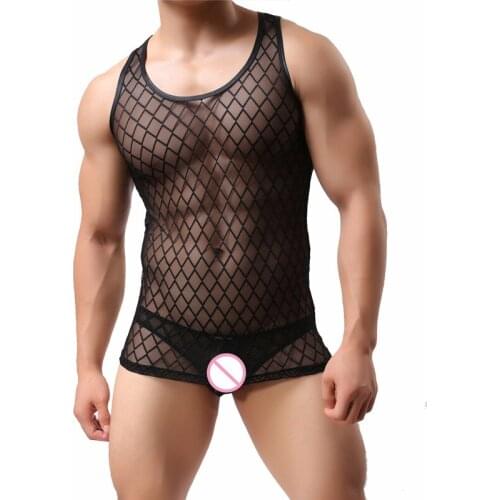 Sexy Underwear Men Undershirt Black See Through Mesh Men Vests Set Fitness Tank Tops Bikini Thongs Briefs Underpants Men Panties