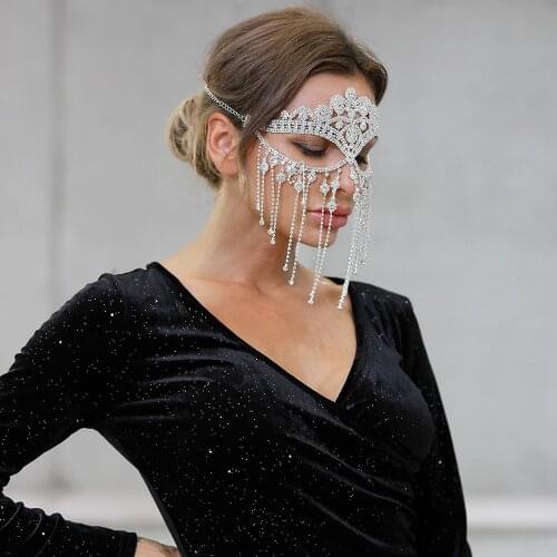 Silver Rhinestone Chain Masks Handmade Tassel Veil Facemask Women Masquerade Head Decor Cosplay Nightclub Party Facemask