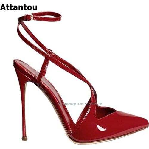 Sexy High Heels Womens Shoes Pumps Retro Patent Leather Cross Strap Ladies Shoes Pointed Toe Heels Luxury Party Women Shoes