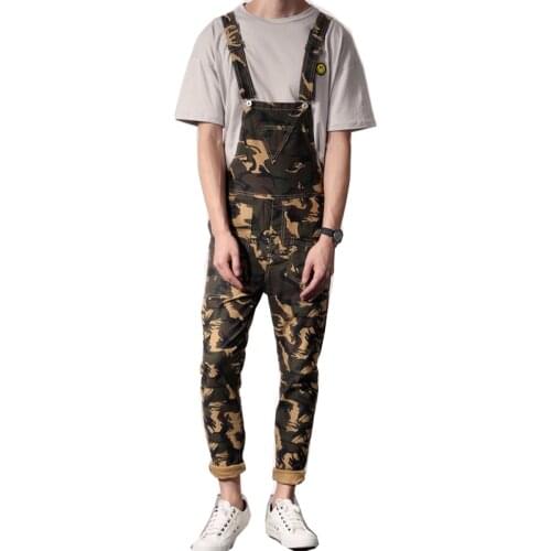 Japanese retro tooling camouflage overalls mens tide Korean style slim trousers feet casual pants couple suspenders men