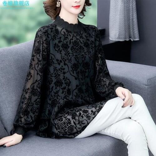 Spring Fall 2021 Casual Velvet Floral Ruffled Full Sleeve Black Blouse Top for Women Clothes , Woman 4xl 5xl Vintage Blouses
