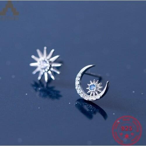 2018 New Style S925 Sterling Silver Mix Personality Fashion Blue Zircon Crescent Sun Moon Stud Earring