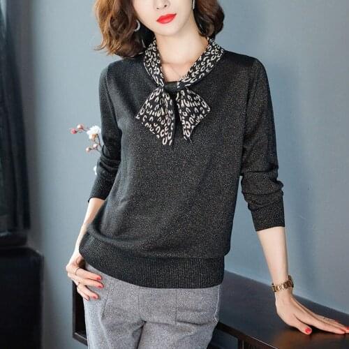 2021 Autumn Winter New Womens Long-sleeved Sweater Tops Female Short Leopard Bow Jumpers Ladies Loose Knitted Pullovers P399