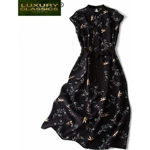 Vintage Women Summer Dress Real Silk Dresses 2021 Korean Sexy Sleeveless Print Party Dress Elegant Belt Boho Vestido 0319
