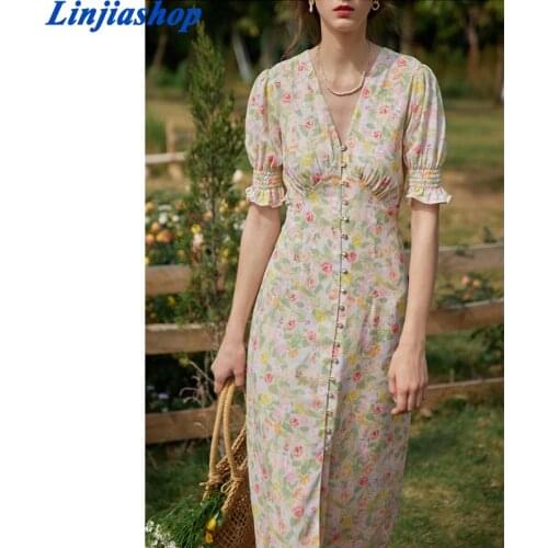 Holiday Floral Print Light Yellow Vestidos Summer Short Sleeve Women Long Dress Vintage Center Buttons Dresses Casual