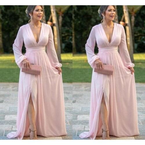 2020 Pink Poet Long Sleeve Groom Evening Dresses Deep V-neck Side Slit Pleated Draped Chiffon Mother Of The Bride Dress Mom Wedd