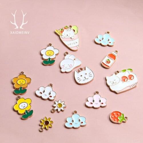 10pcs New Cute Cartoon Earrings Lovely Children Pendant Fun Rabbit Cat Smiley Flower Cloud Strawberry Earrings Jewelry Material