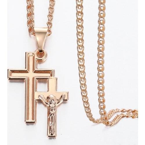 585 Rose Gold Double Cross Crucifix Pendant Necklace for Men Women Prayer Jesus Necklace Chain Fashion Jewelry DGP403