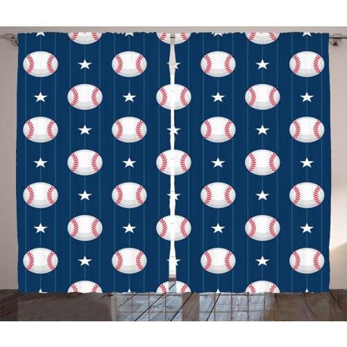 Baseball Stars Curtains Sports Stripes Ball Artwork Satin Fabric Drapes for Living Room Bedroom 2 Panel Window Set