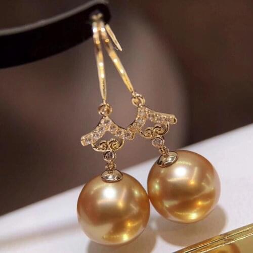 D1003 Pearl Earrings Fine Jewelry Solid 18K Gold Round Sea Water Golden Pearls Drop Dangle Earrings for Women Fine Presents