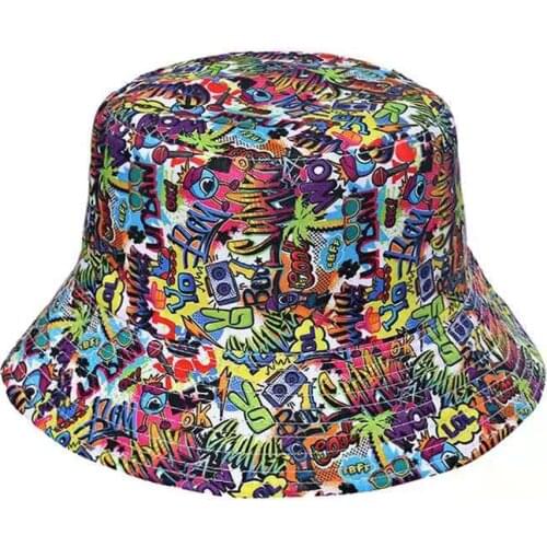 Summer Graffiti Printed Reversible Bucket Hat Men Outdoor Hip-Hop Fisherman Caps Street Beach Bob Women Double Side Panama Hats