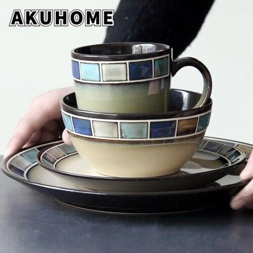 Fantasy Blue Plaid Series Creative Western Cutlery Steak Mark European Ceramic Tableware Plate Dinner Dishes and Plates Sets