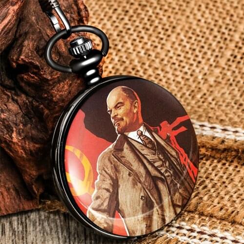 Famous Character Lenin Printed Retro Pocket Watch Quartz Pendant Clock Black Fob Chain Antique Souvenir Pocket Watches