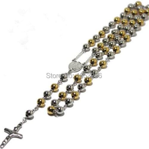 Deadline Stainless Steel Mens Womens 8mm Gold Round Ball Bead Chain Rosary Necklace 30" + 6"