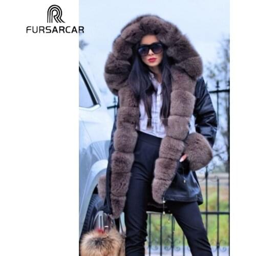 FURSARCAR Winter Thick Warm Real Fur Parka Women Natural Fox Fur Collar Cuff Inside Rabbit Fur Black Parka Female Jacket Hood