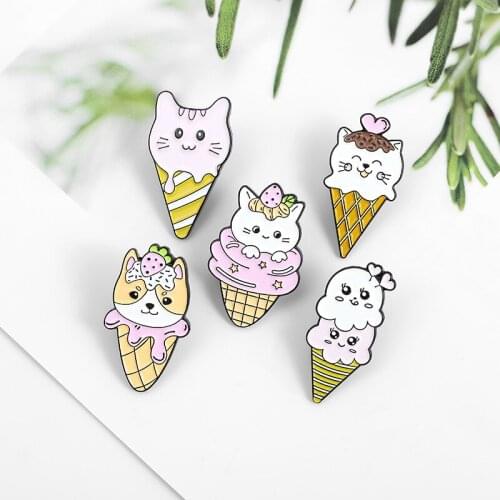 Sweet And Cute Girly Cartoon Cat Ice Cream Enamel Brooch Exquisite Strawberry Love Cone Fashion Pin Little Fairy Daily Accessory