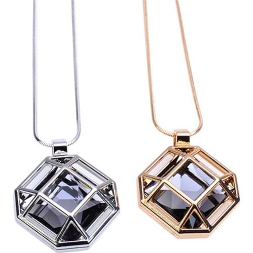 Fashion Women Pendant Necklace Square Big Drop Crystal Long Chain Sweater Necklaces Jewelry Choker Collier Femme